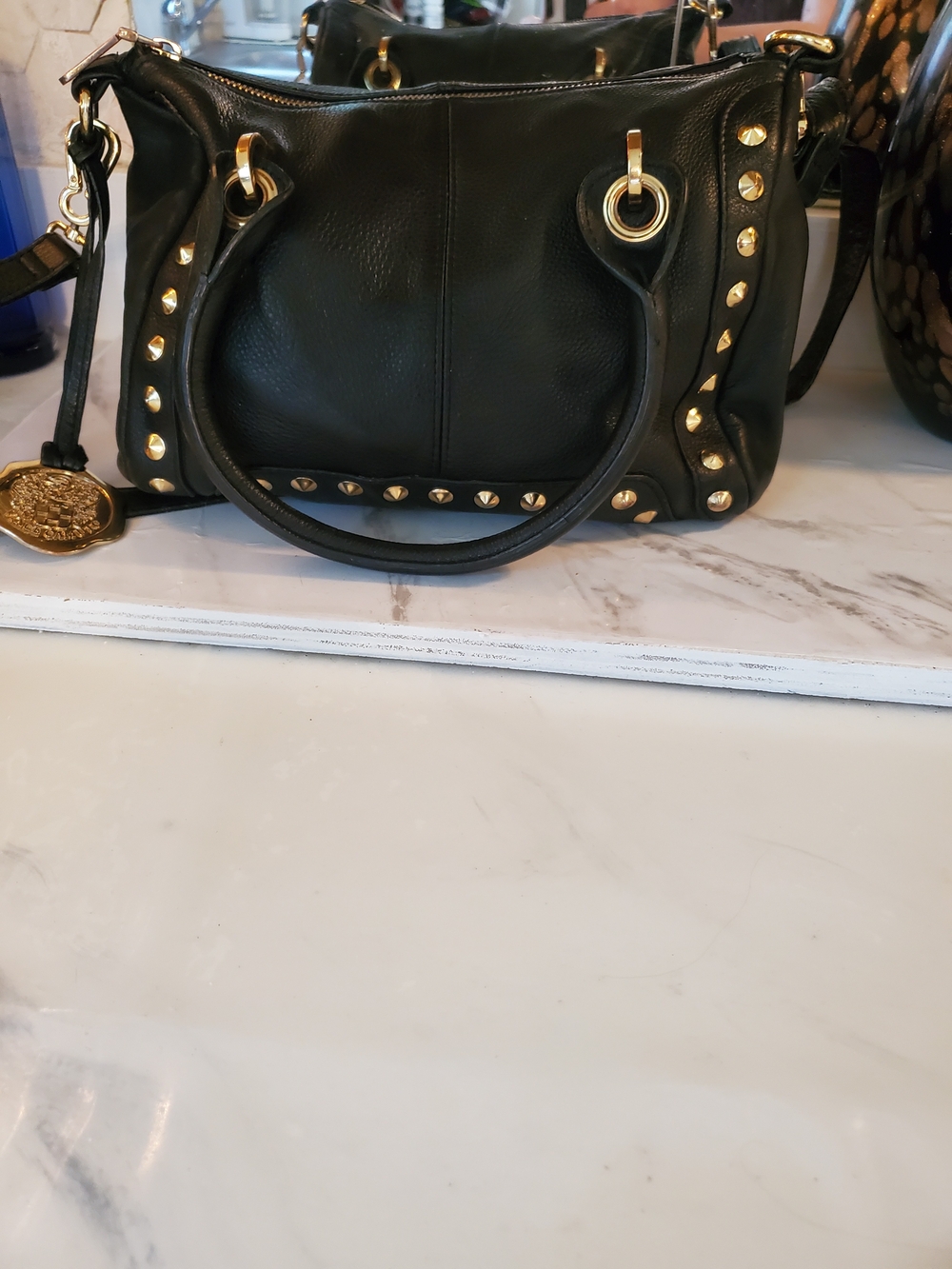 Vince Camuto Black Leather Studded Shoulder Bag with Gold Hardware